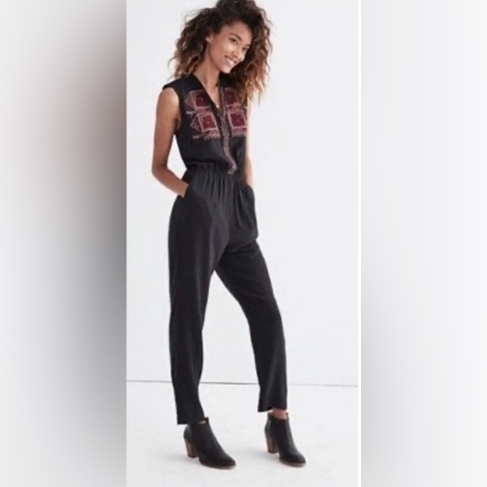Madewell Folkway 100% Silk Embroidered Jumpsuit Size 4